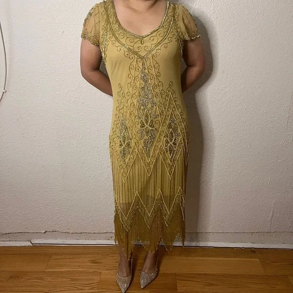 Elegant Gold Beaded Dress - Picture 1 of 3